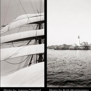 Left: Looking aloft on the ship ‘State of Maine’. Photo taken by Joanna Colcord around 1900. Joanna Colcord Collection, LB2003.61.1431. Right: Going by Portland Head Light on the bark ‘Carrie Winslow’. Photo taken by Ruth Montgomery around 1900. Ruth Montgomery Collection, LB1990.49.11. (Photo courtesy Penobscot Marine Museum)